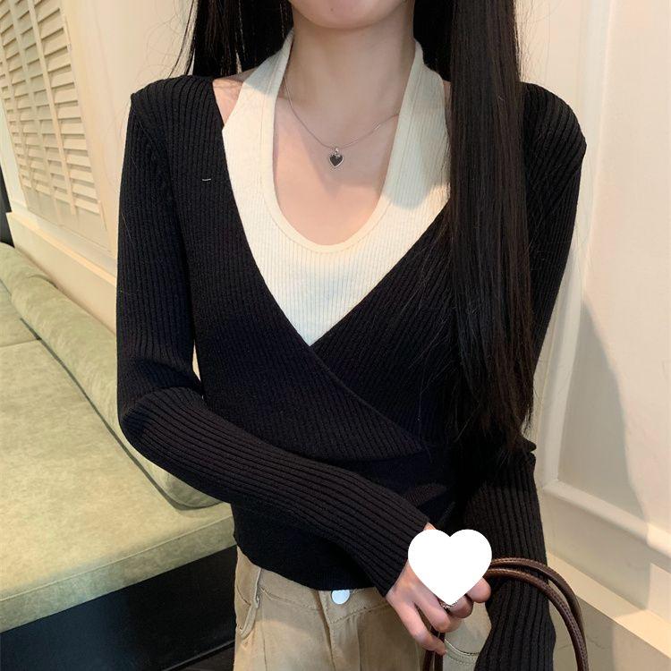 New Korean Color Block Layered Halter Knit Sweater - Women's Slim Fit Short Top for Autumn/Winter Collection.