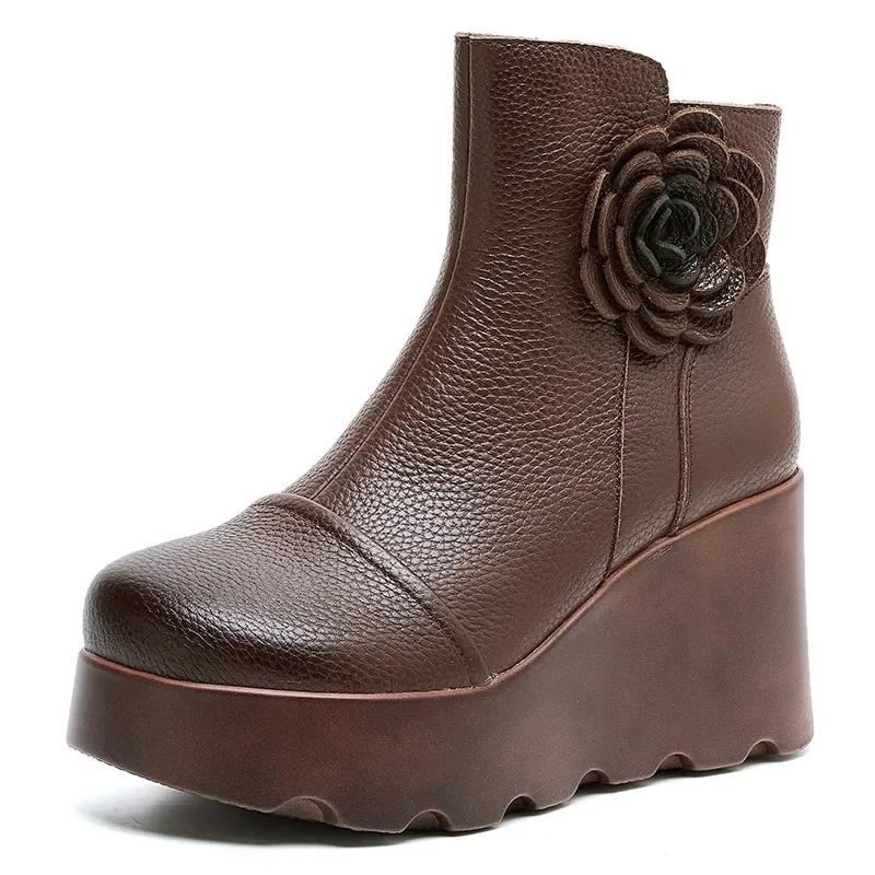 

Модные высококачественные женские зимние теплые плюшевые сапоги высотой 8 см в национальном стиле с цветочным принтом в стиле ретро ручной работы на танкетке, увеличивающие рост, ботильоны на платформе 39 коричневый