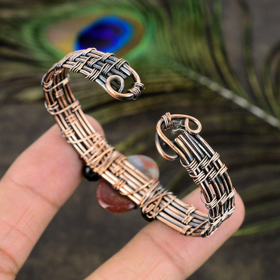 Naturalny Kamień Krwi Kamień Szlachetny Ręcznie Robiony Miedziany Drut Oplot Mankiet Bransoletka Regulowana. w3R93