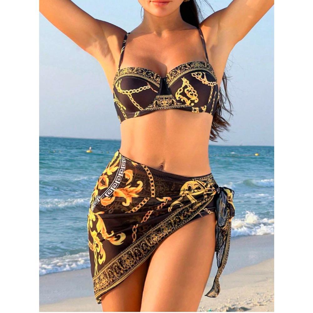 European and American New One-piece Swimsuit Sexy Back Printed Women's Three-piece Bikini