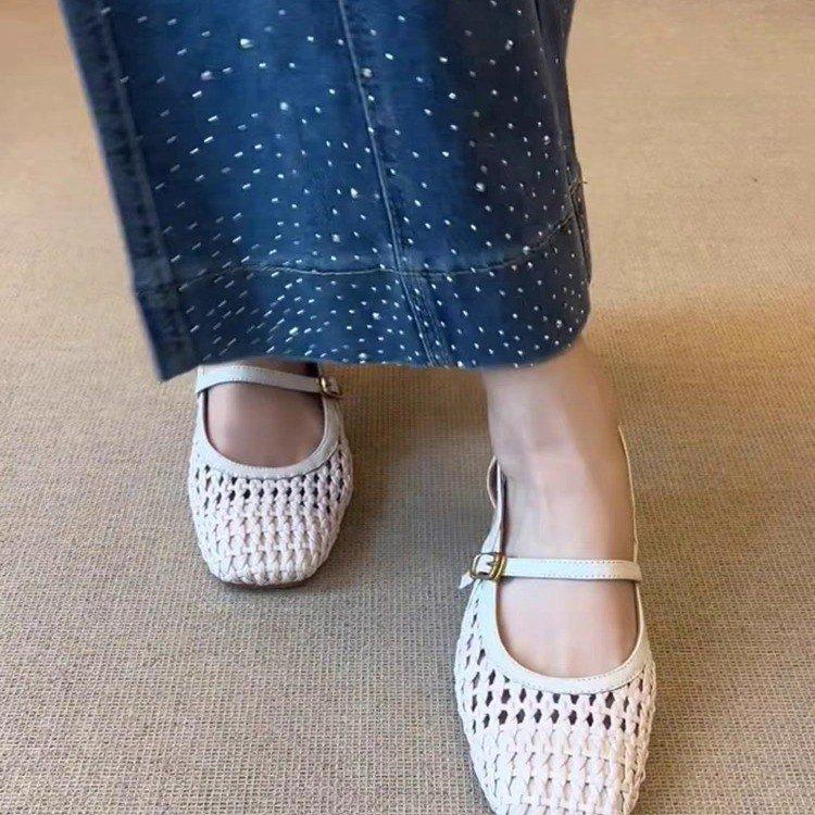 

Версия из мягкой кожи~ Новые универсальные сандалии на толстом каблуке женские плетеные с квадратным носком, универсальная повседневная модная обувь 40 абрикосовый