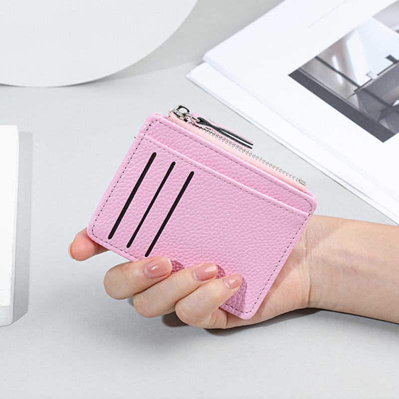 Zipper Women's Card Holder - Compact Multi-Card Slot Lychee Pattern Coin Purse, Ultra-Thin Wallet Korean Style.