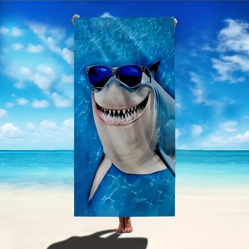 

1pc Modern Style Microfiber Beach Towel, Knit Fabric, Machine Washable, Cartoon Shark Pattern with Glasses, High Colorfastness W30*H60(CM)