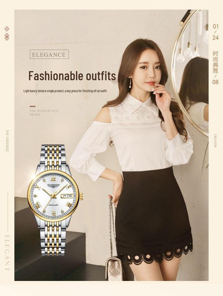 Montre Minimaliste pour Femme avec Strass Suisses, Étanche, Double Calendrier, Cadran Lumineux et Bracelet en Acier.