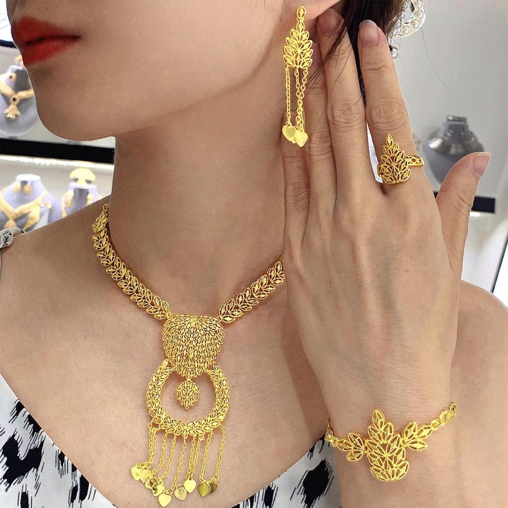 Dubai Wedding Jewelry Set: Ethnic Brass Gold-Plated Necklace, Earrings, Ring, and Bracelet.