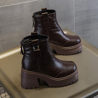 Leather Brown Martin Boots Women's New Winter Fleece Thick Bottom Wedge Heel Small Skinny Boots