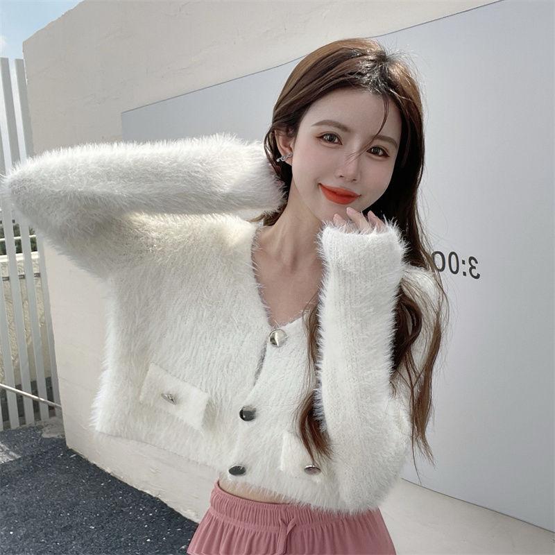 Svetr Cardigan Dámská Podzimní Korejský Malý Voňavý Větrný Plyš Krátký Svetr Kabát Dlouhý rukáv Výstřih do V Nový Pletený Cardigan Ženy