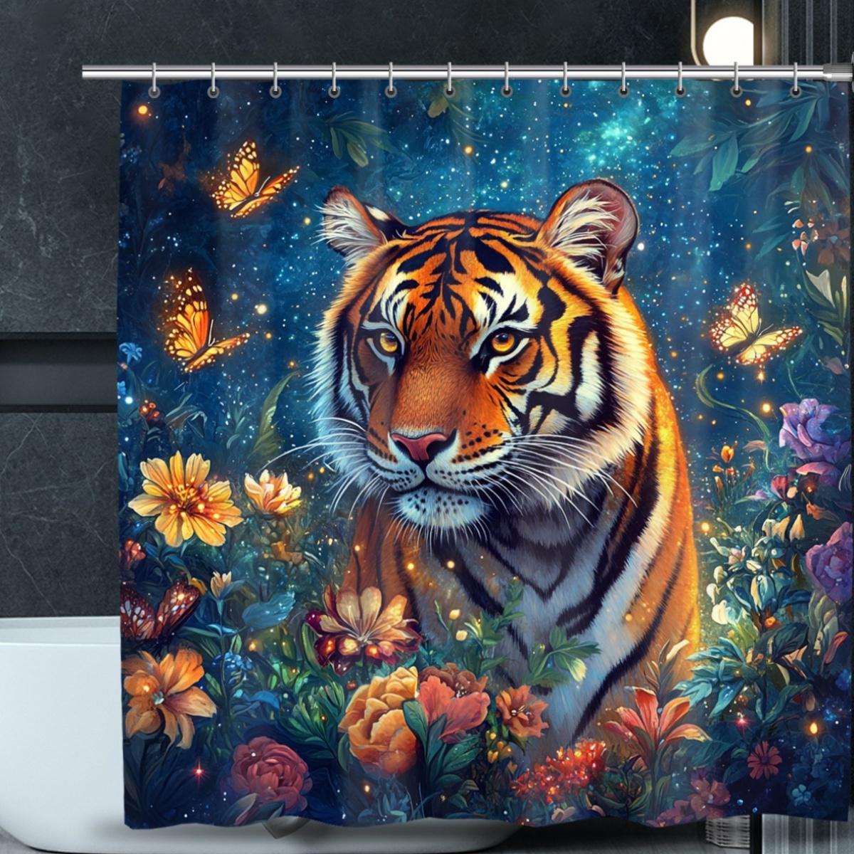 

1Pc Dreamy Tiger Digital Print Shower Curtain - Vibrant Polyester Fabric With Hooks, Machine Washable, Woven Design For Modern W60H190(CM)-1 Pcs