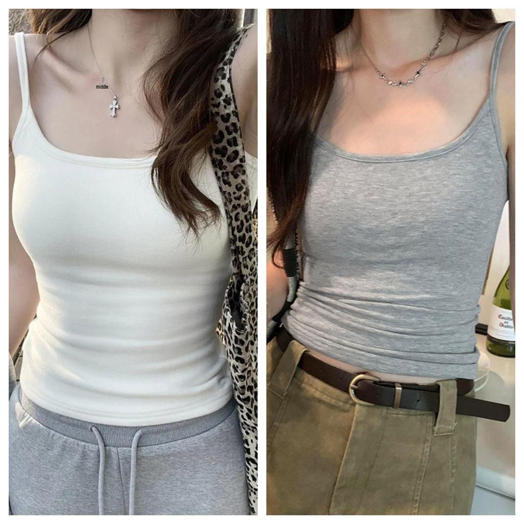 Women's White Slimming Spaghetti Strap Tank Top with Built-in Bra: Stylish Sleeveless Base Layer for Summer