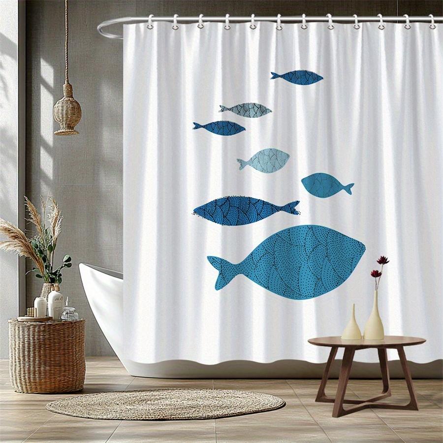 Minimalist Fish Shower Curtain 180x180cm – Stylized Blue Geometric Pattern, Abstract Bathroom Decor, 12 Hooks