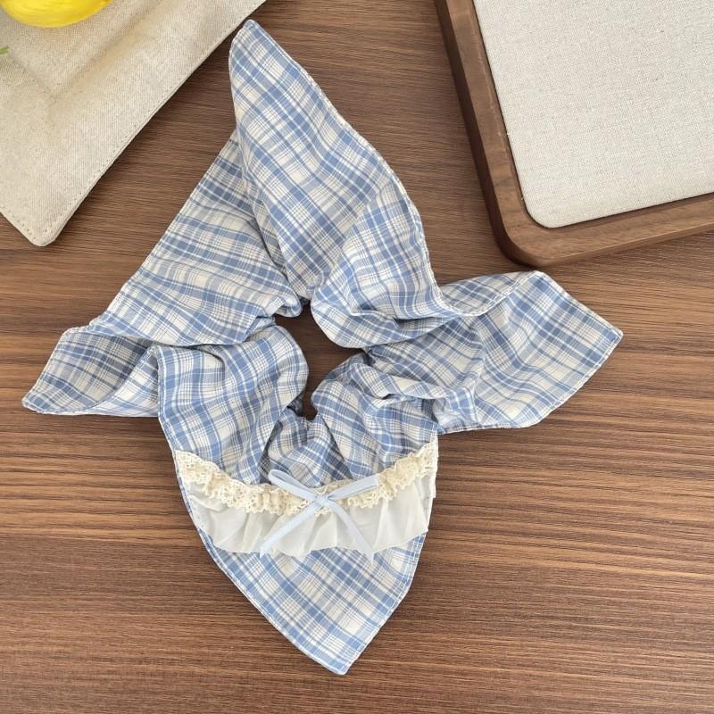 Korean Blue Plaid Bow Scarf Women's Hair Tie & Headband Set