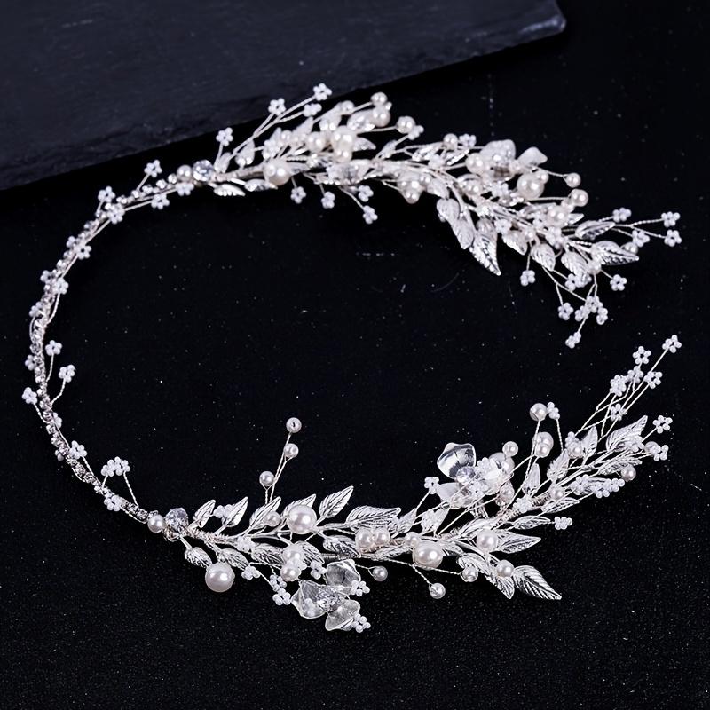 Silver Color Leaf Pearl Headband Tiara For Bridal Hair Accessories Wedding Hair Band Crystal Pearl Tiaras and Brides Headpieces