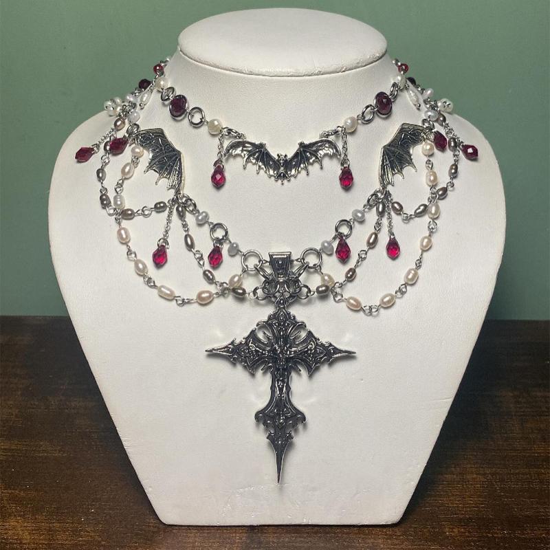 Goth Halloween Necklace For Women Bat Cross Heart Red Crystal Pendant Clavicle Chain Halloween Party Jewelry Gift