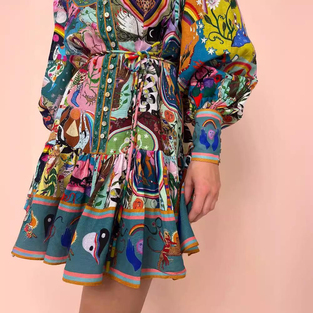 IHUASU Autumn Winter Long Sleeve Printed Lace Cotton Linen Pleated Lapel High Waist Dress for Women