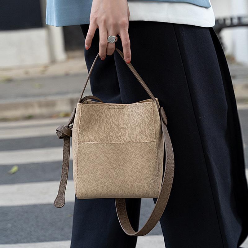 Top-grain Cowhide Hand-held Bucket Bag Lychee Bag Single-shoulder Versatile Large-capacity Crossbody Women's Bag