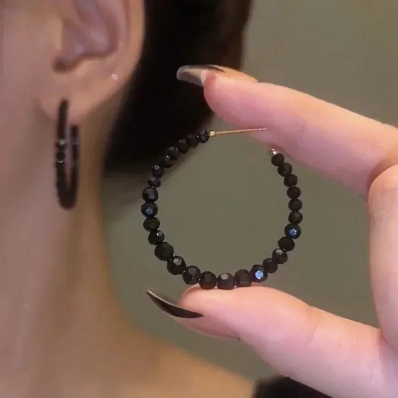 Light luxury C-shape Black Crystal Hoop Earrings Large Circle Geometric Earrings Women Elegant Jewelry Gifts