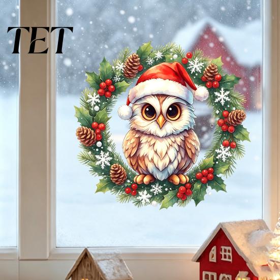 Creative Gift for Friends Christmas Owl Wreath Static Window Cling, Winter Holiday Glass Sticker, Removable Decals No?Glue Reusable Decal Home Shop
