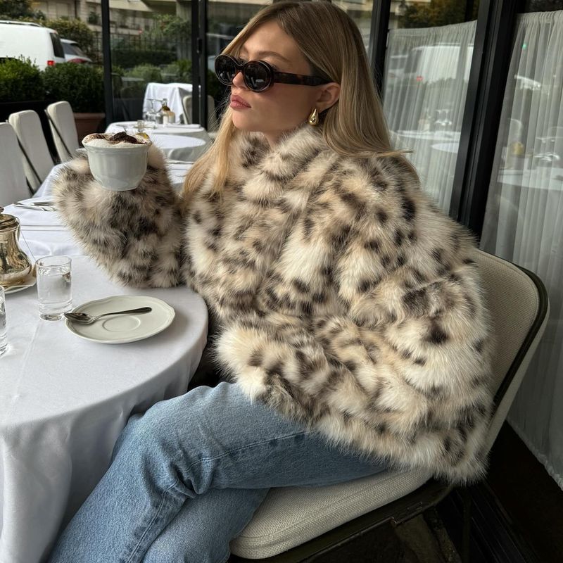 Zbzr Autumn New Women Clothes Western Style Fashion Temperament All-Matching Leopard Print Artificial Fur Long Fleece Outerwear