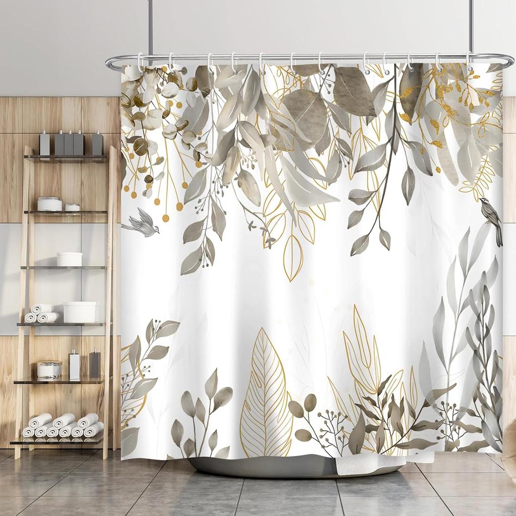 Grey Tan Eucalyptus Leaves Shower Curtain, Beige Weeping Branches Design, Waterproof Fabric Bathroom Curtain