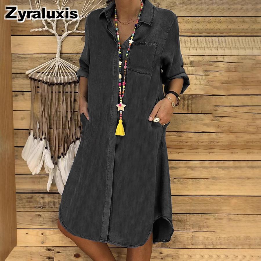 Plus Size Women's Denim Dresses Solid Color Loose Fit Casual Dress