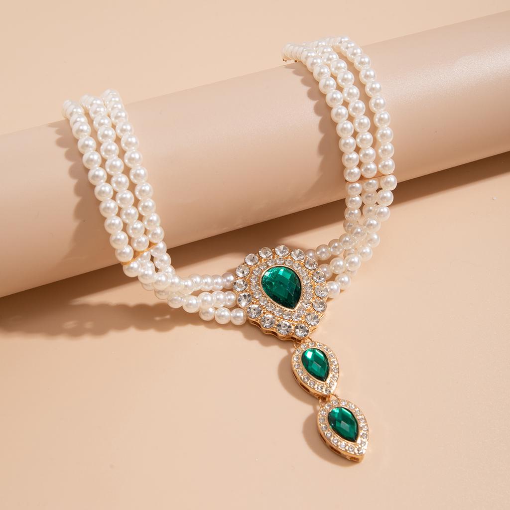 Perlen-Imitation mit grünem/transparentem Kristall-Choker-Halskette für Damen Charms Kragen Hochzeitszubehör Modeschmuck