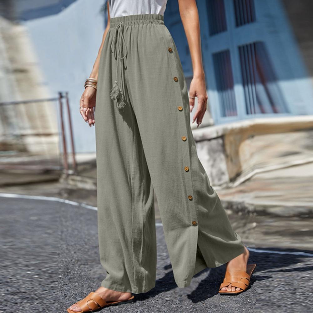 

Women s Summer High-Waisted Casual Solid-Color Loose-Fit Trousers with Elastic Waistband and Drawstring S