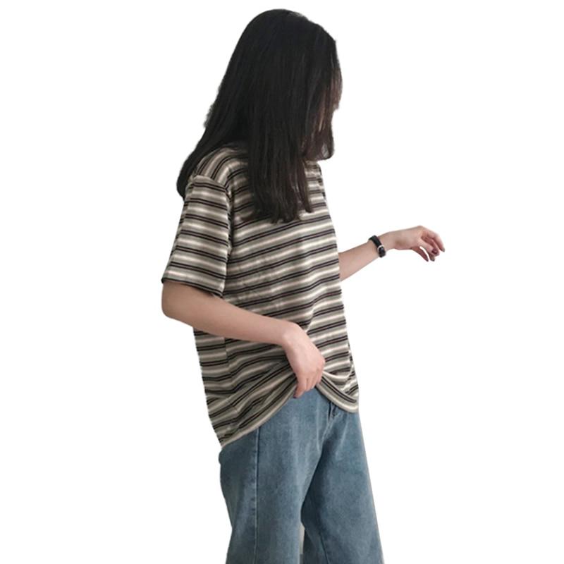 

Женская модная летняя повседневная футболка с коротким рукавом и круглым вырезом в корейском стиле, полосатая свободная футболка XXL