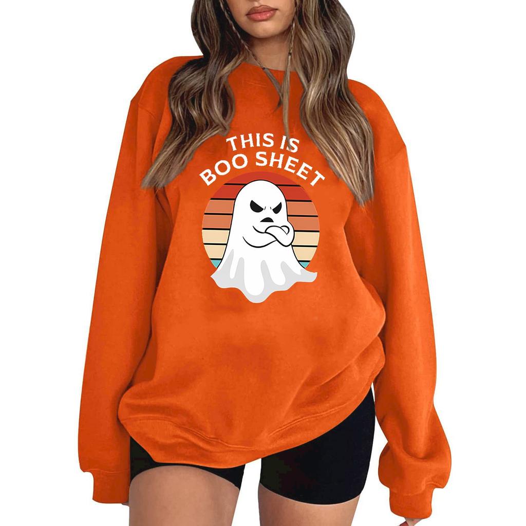 Women's Halloween Print Pullover Round Neck Drop Shoulder Long Sleeved Blouse