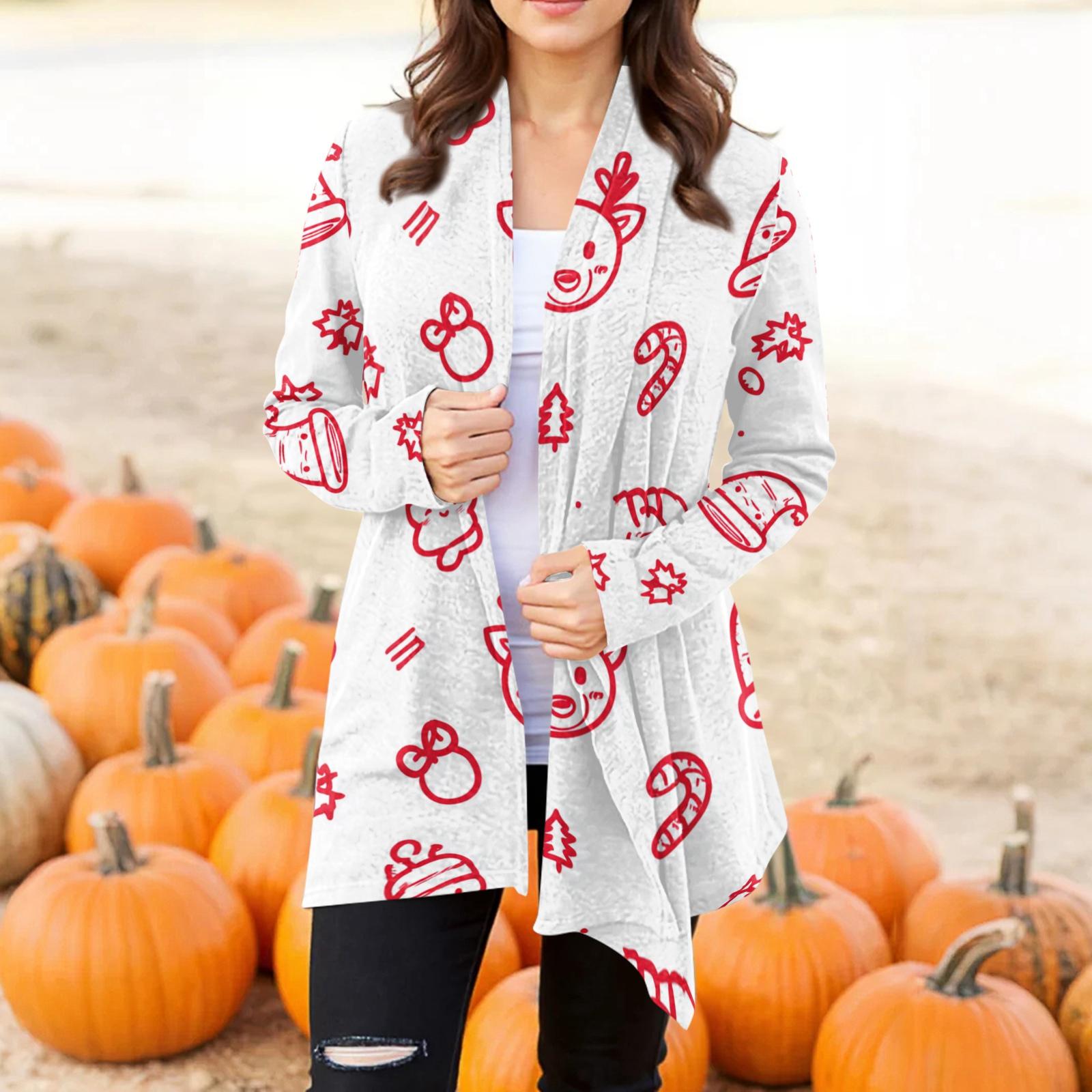

Women s Fashion Casual Christmas Printed Mid-Length Irregular Hem Cardigan Jacket XL
