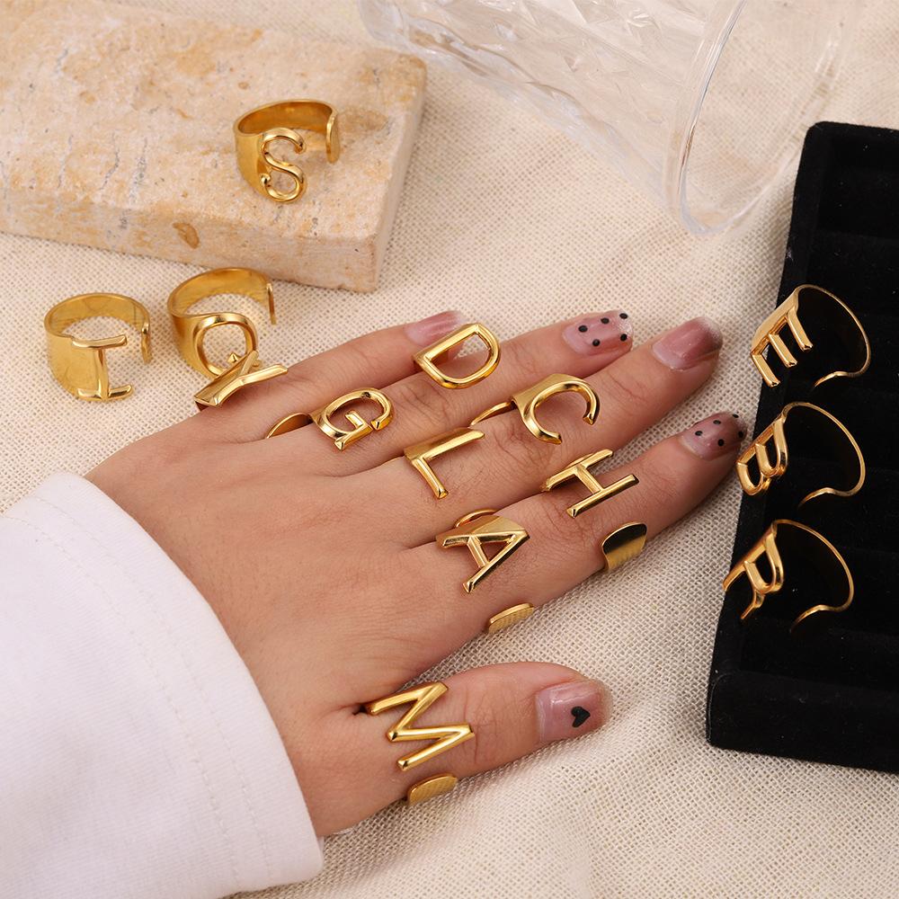 CARLIDANA Designer Initial Letters Alphabet Waterproof Gold Plated Non Tarnish Stainless Steel Fashion Jewelry Rings for Women