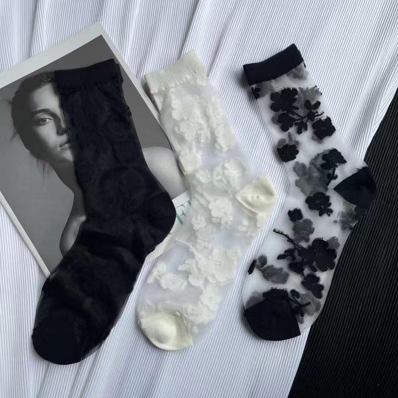 Summer Ultra-thin Transparent Nylon Long Socks Stockings Japanese Fashion Flower Knee Socks Vintage Crystal Silk Socks Stockings