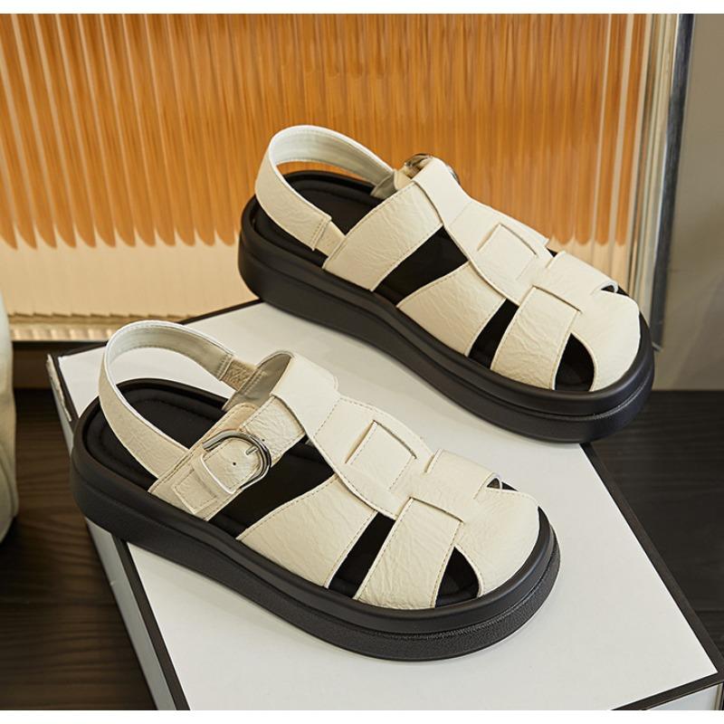 

Женские Сандалии Закрытый Носок 2026 Лето Новые Женские Римские Сандалии Повседневные На Толстой Подошве Модные С Вырезами Женская Обувь Сандалии 35 бежевый