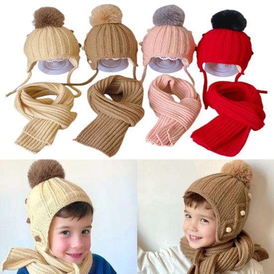 2 Pcs Kids Winter Hat Scarf Set Soft Cable Knitted Pom-Pom Hat Warm Scarf Set for Boys Girls Toddlers
