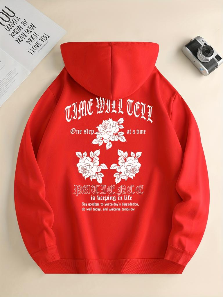 Men's New Fashion Hoodie, Casual Drawstring Hooded Sweatshirt with Lettering and Floral Print, Men's Tops