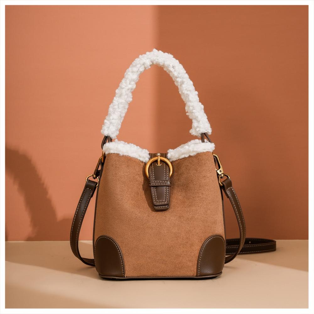 Light Luxury Fashion Women's Shoulder Bags High Quality PU Bag Body Plush Handle Ladies Messenger Bag Casual Retro Female Bucket Bag Mother's Day Gift