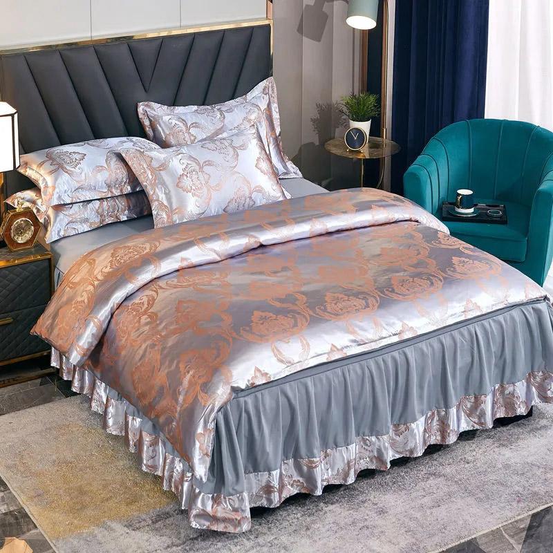 4 stk/sett Europeisk Jacquard Sengeskjørt Sengetøysett Fire Sesonger Laken Dynetrekk Sommer Issilke Dobbeltseng Bryllup Lett Luksus Fire Deler Sett