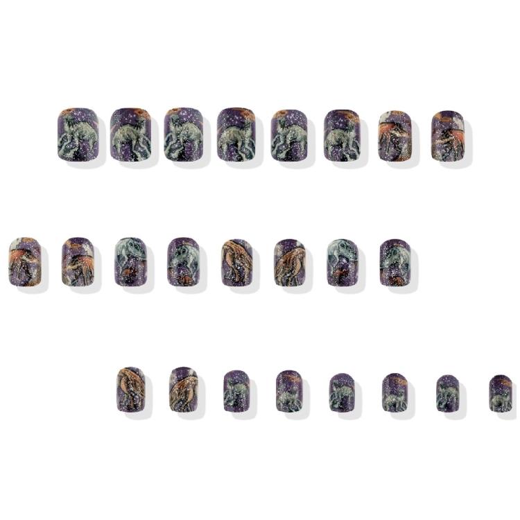 24Pcs Short Square Press on Nail Glitters Dinosaur Stick On Nail Full Cover Artificial Nail for Festive Gatherings