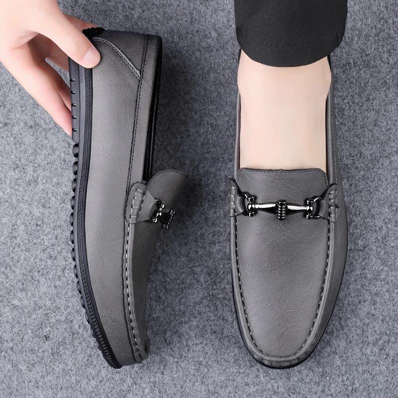 Summer Metal Buckle Business Casual Shoes Adult Men's Genuine Leather Loafers Shoes Soft Sole Comfortable Moccasin Driving Shoes