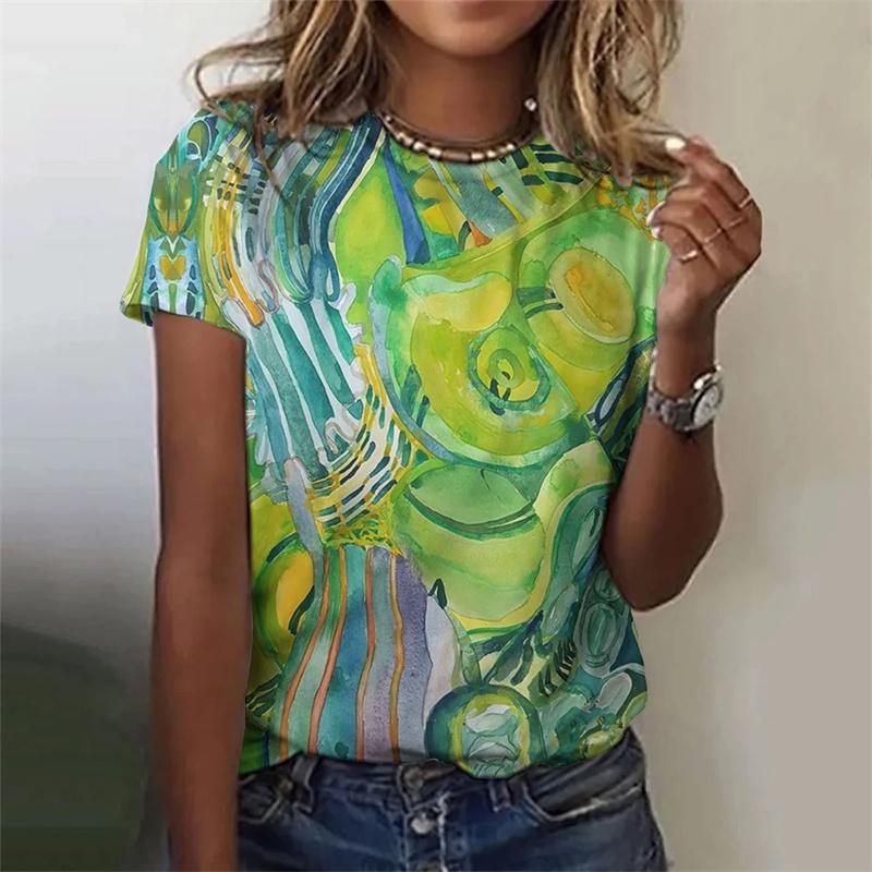 3D printed colorful deer T-shirt for women with abstract geometric patterns