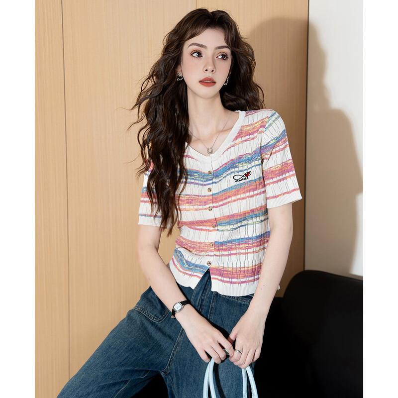 Women's Lightweight Striped Knit Short-Sleeve Cardigan Tee