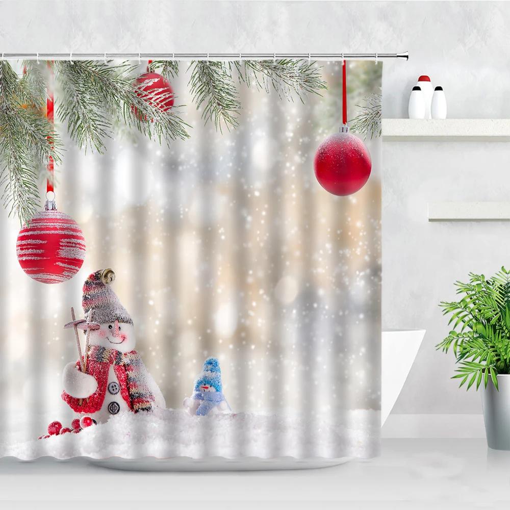 Winter Christmas Shower Curtains Xmas Ball Gift Cedar Natural Landscape New Year Home Decor Bathroom Fabric Bath Curtain Hooks