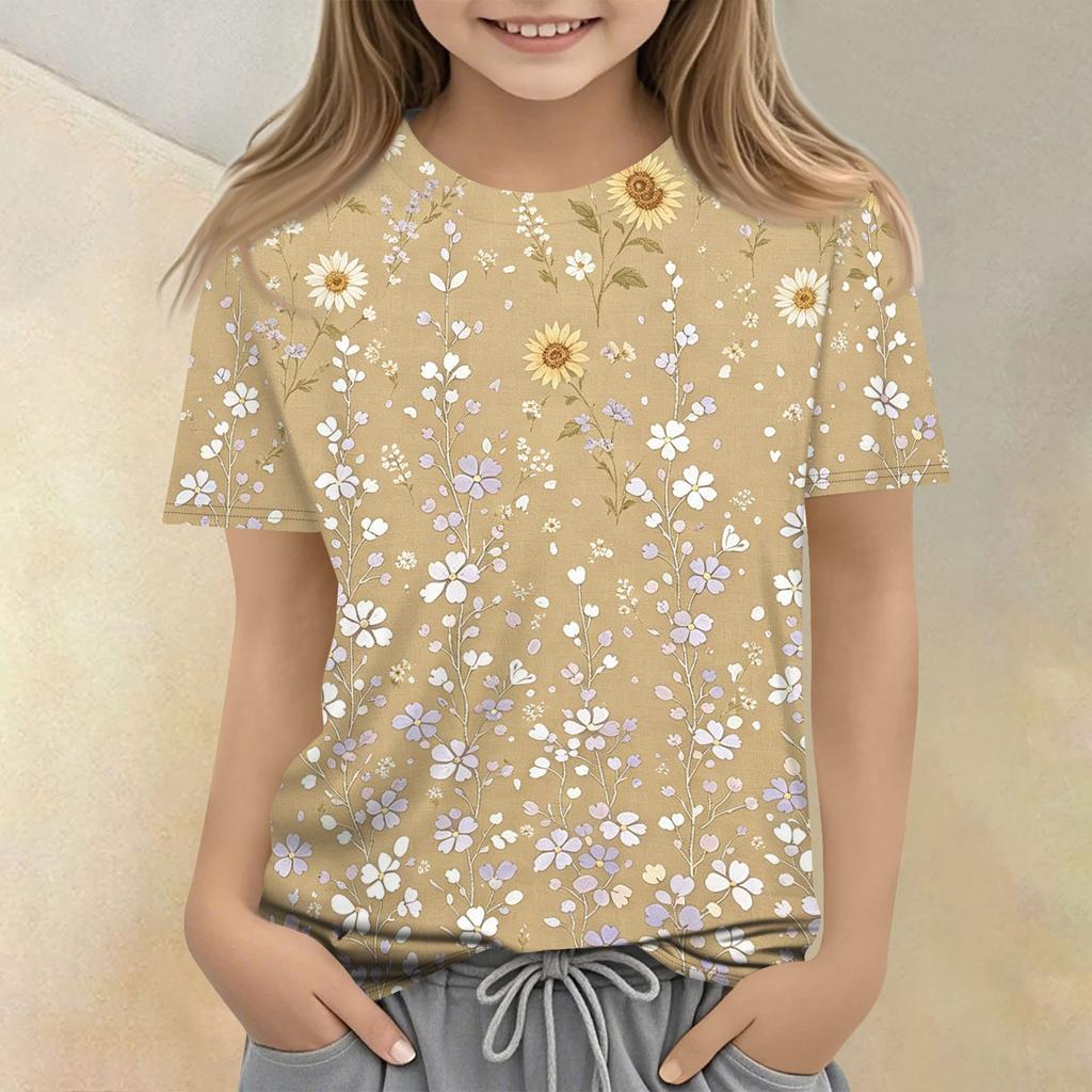 Girls Floral Print Casual Loose Fit Short Sleeve T Shirt Crew Neck Comfortable Everyday Wear Top for Kids