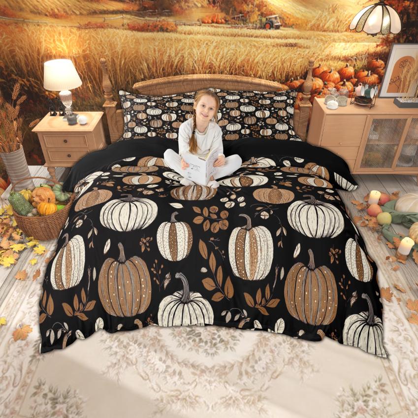 Homewish Fall Pumpkin Duvet Cover Set, Autumn Harvest Pllant Bedding Set, Thanksgiving Day Bedroom Set, Room Decor