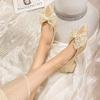 Pointed single shoes women's new thick heel fairy shoes light mouth pearl bow middle heel ladyshoes