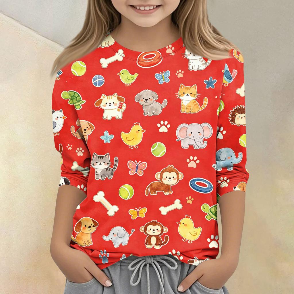 Kids Animal Print Crew Neck Three Quarter Sleeve Casual T Shirt Soft Fabric Comfortable Fit Lightweight Design Suitable for Everyday Wear