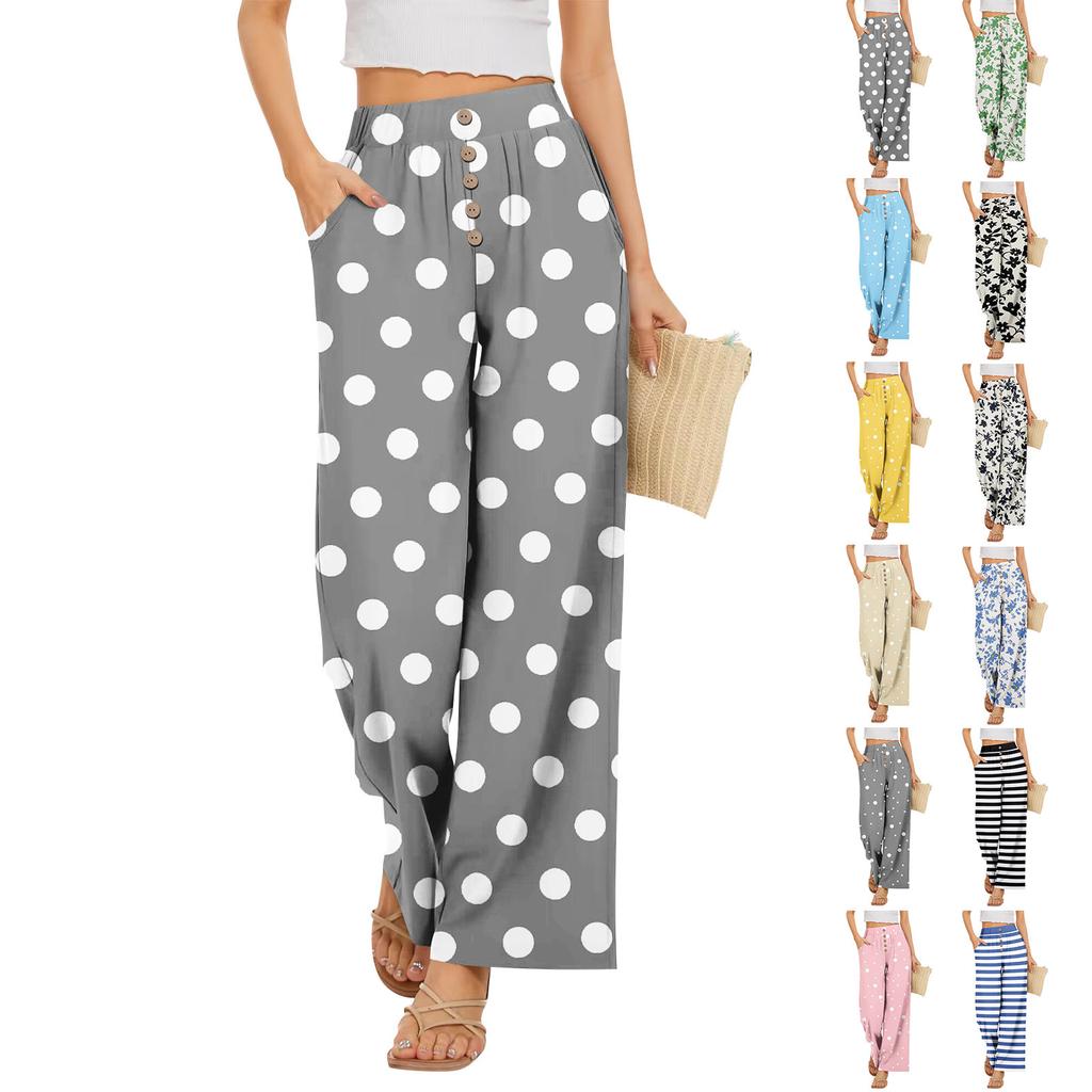 Womens High Waisted Wide Leg Pants Drawstring Palazzo Trousers with Pockets Dot Print Casual Lounge Pant