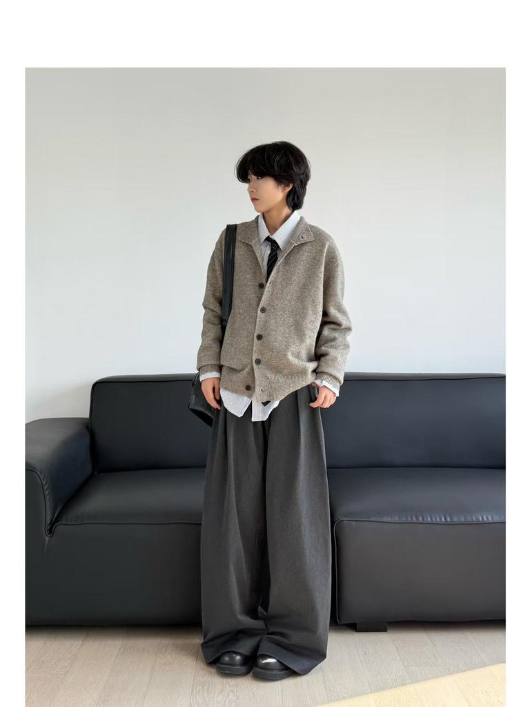 Pánský japonský retro pletený kardigan se stojáčkem – Jednoduchý, univerzální, ležérní svetr v jednobarevném provedení