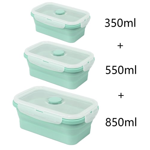 [3-Pack] Foldable Silicone Lunch Boxes, Airtight Storage Containers for Lunch Boxes, Square, 350/550/850ml, Microwave, Freezer, and Oven Safe (Green)