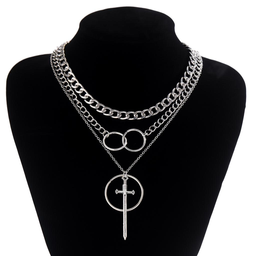 Niche Sword-Shaped Exaggerated Fringed Necklace Female, Personalized Hip-Hop Trendy Suit, Ring Chain Necklace