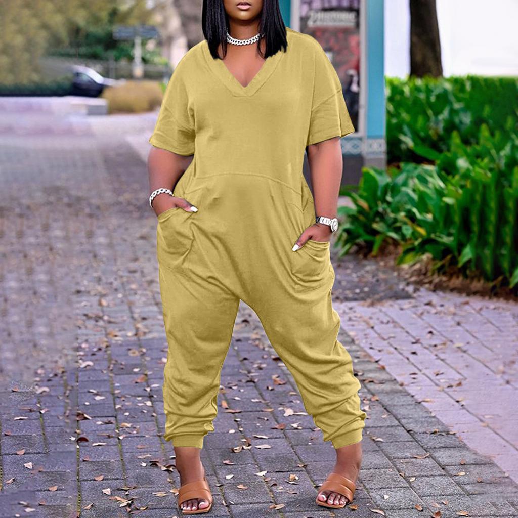 Women's Plus Size Loose Casual Short Sleeve V-Neck Solid Pocket Jumpsuit
